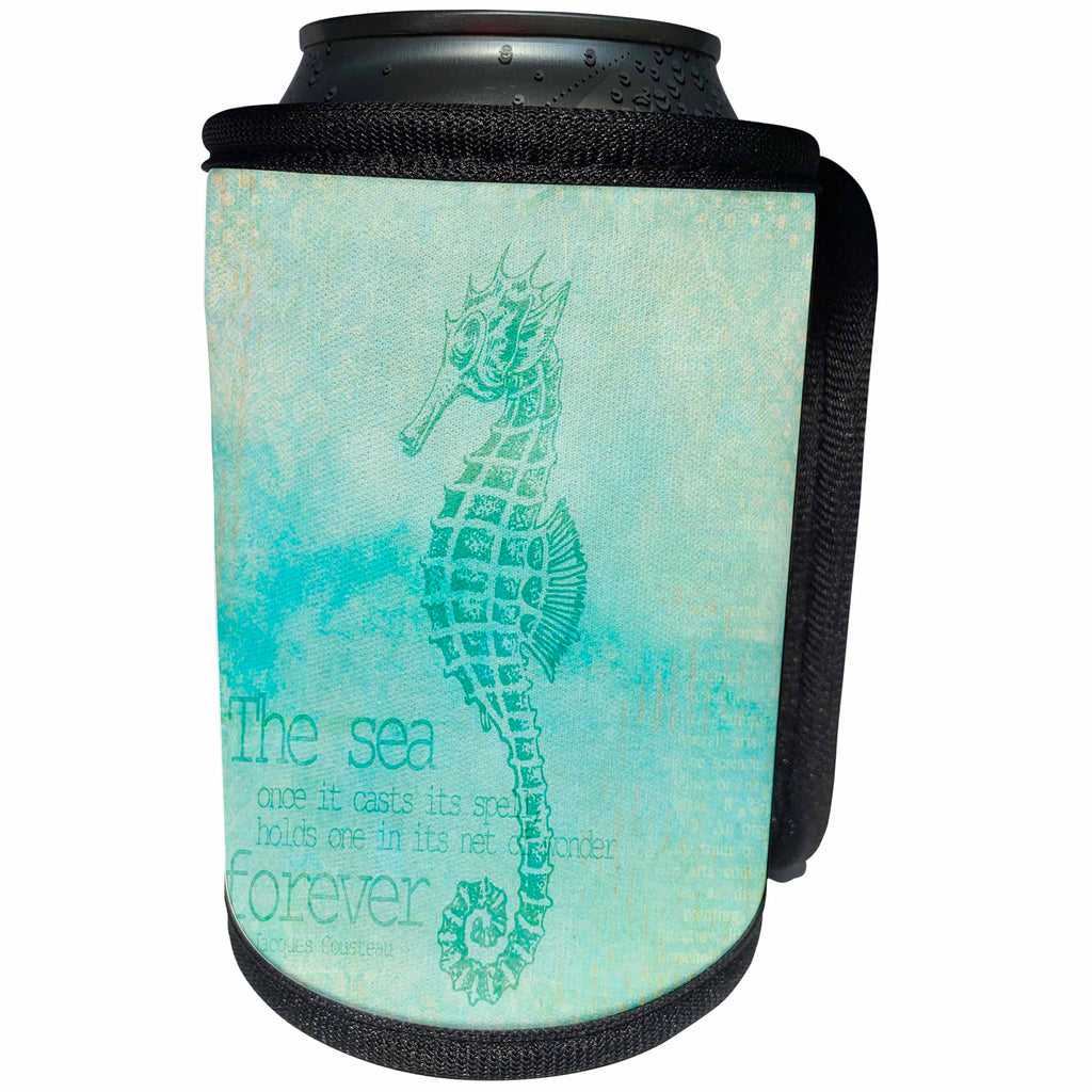 3dRose Andrea Haase Animals Illustration - Blue Sea Horse Illustration With Typography - Can Cooler Bottle Wrap (cc_271194)