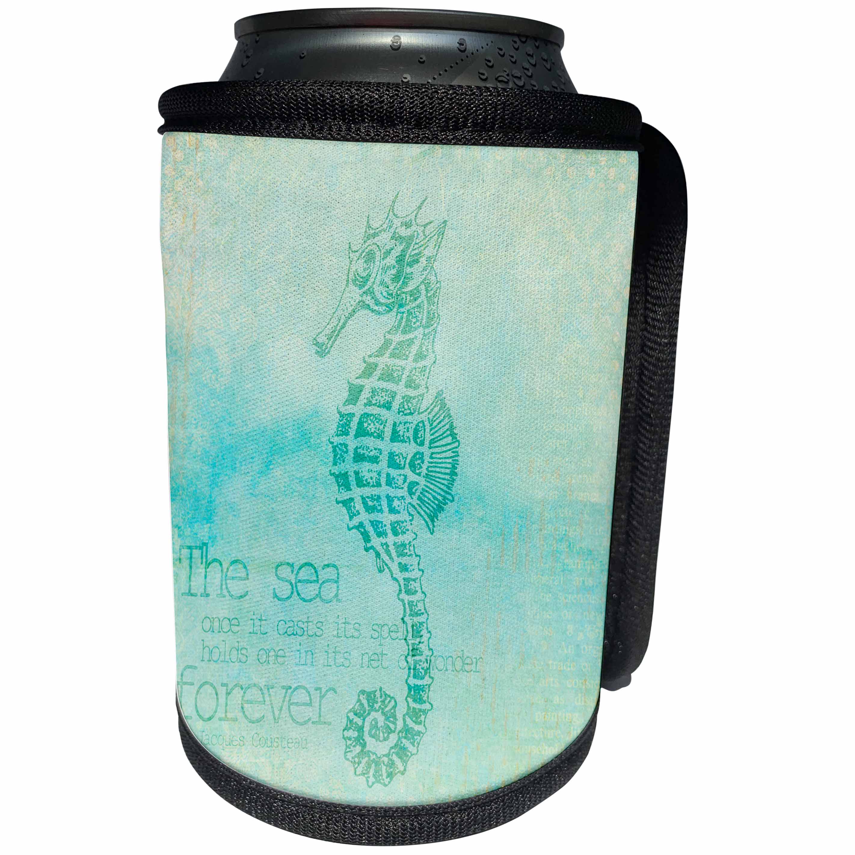 3dRose Andrea Haase Animals Illustration - Blue Sea Horse Illustration With Typography - Can Cooler Bottle Wrap (cc_271194)