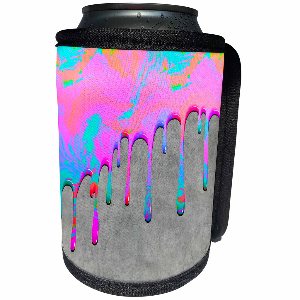 3dRose Andrea Haase Art Illustration - Dripping Pink And Turquoise Paint On Grey Texture - Can Cooler Bottle Wrap (cc_271204)