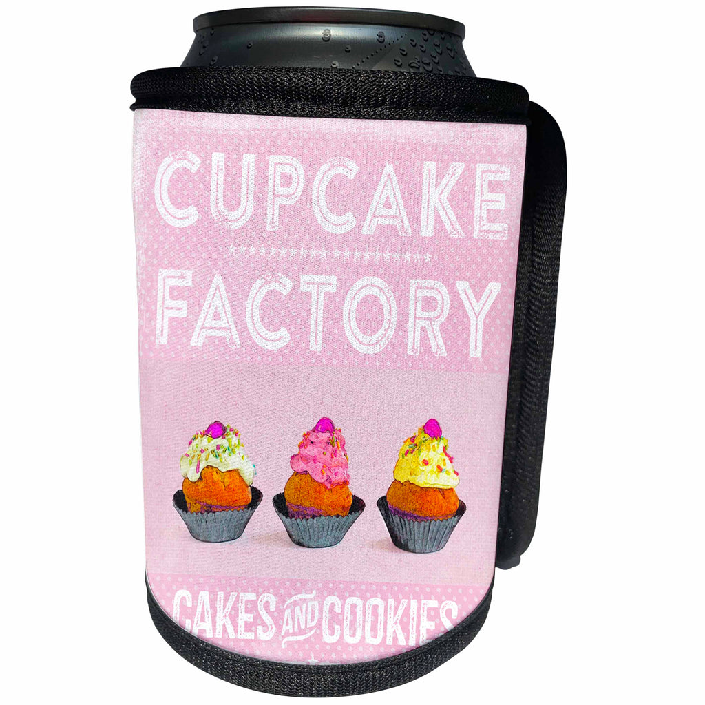 3dRose Andrea Haase Art Illustration - Retro Cup Cake Factory Sign - Can Cooler Bottle Wrap (cc_271216)
