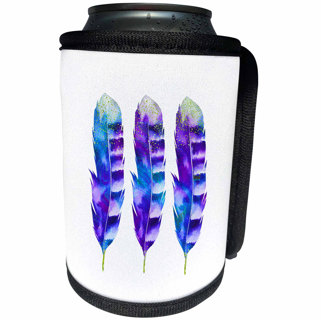 3dRose Andrea Haase Art Illustration - Blue Purple Feather Watercolor Illustration - Can Cooler Bottle Wrap (cc_271217)
