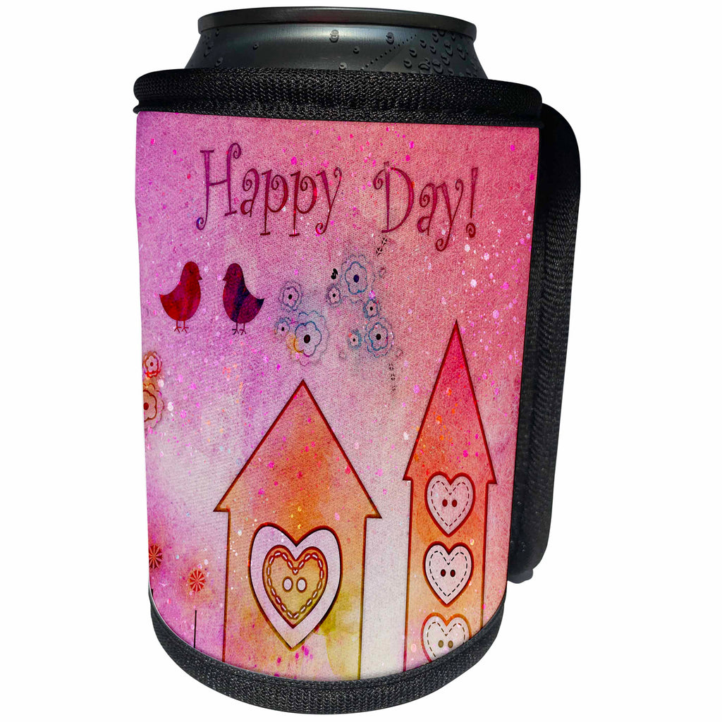 3dRose Andrea Haase Art Illustration - Little House Collage With Text Happy Day - Can Cooler Bottle Wrap (cc_271219)
