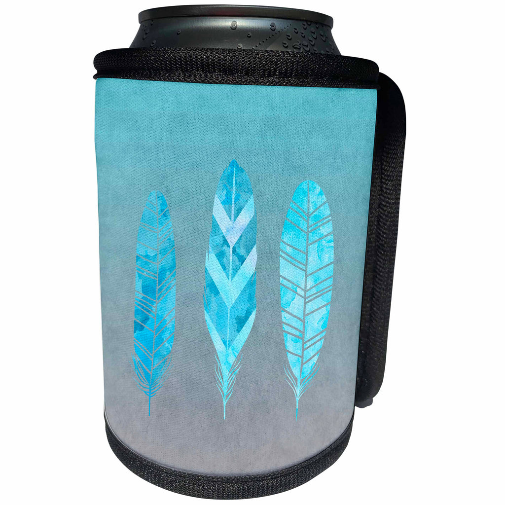 3dRose Andrea Haase Art Illustration - Blue Turquoise Feather Watercolor Illustration - Can Cooler Bottle Wrap (cc_271226)