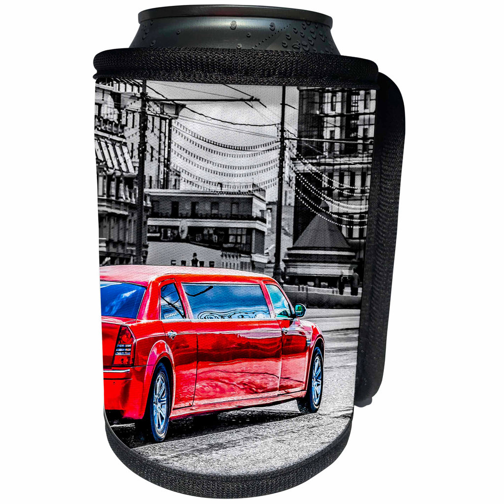 3dRose Alexis Photography - Transport Road - Red limousine car moves along the street. Stylized photo - Can Cooler Bottle Wrap (cc_271308)