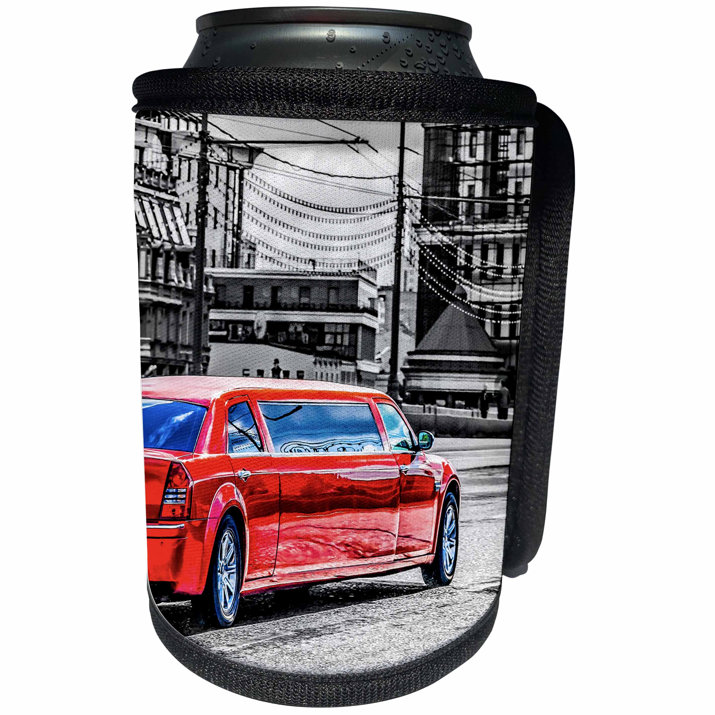 3dRose Alexis Photography - Transport Road - Red limousine car moves along the street. Stylized photo - Can Cooler Bottle Wrap (cc_271308)