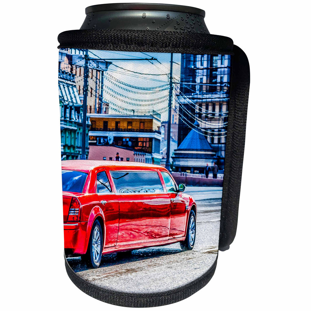 3dRose Alexis Photography - Transport Road - Luxury red limousine car drives along the street - Can Cooler Bottle Wrap (cc_271309)