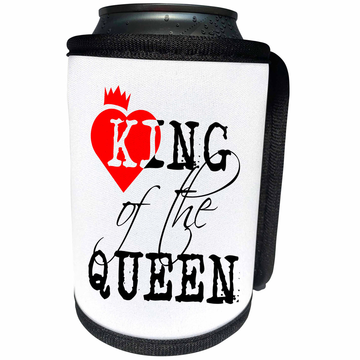 3dRose Alexis Design - Love - King of the queen black text, white background. Red heart and a crown - Can Cooler Bottle Wrap (cc_271310)