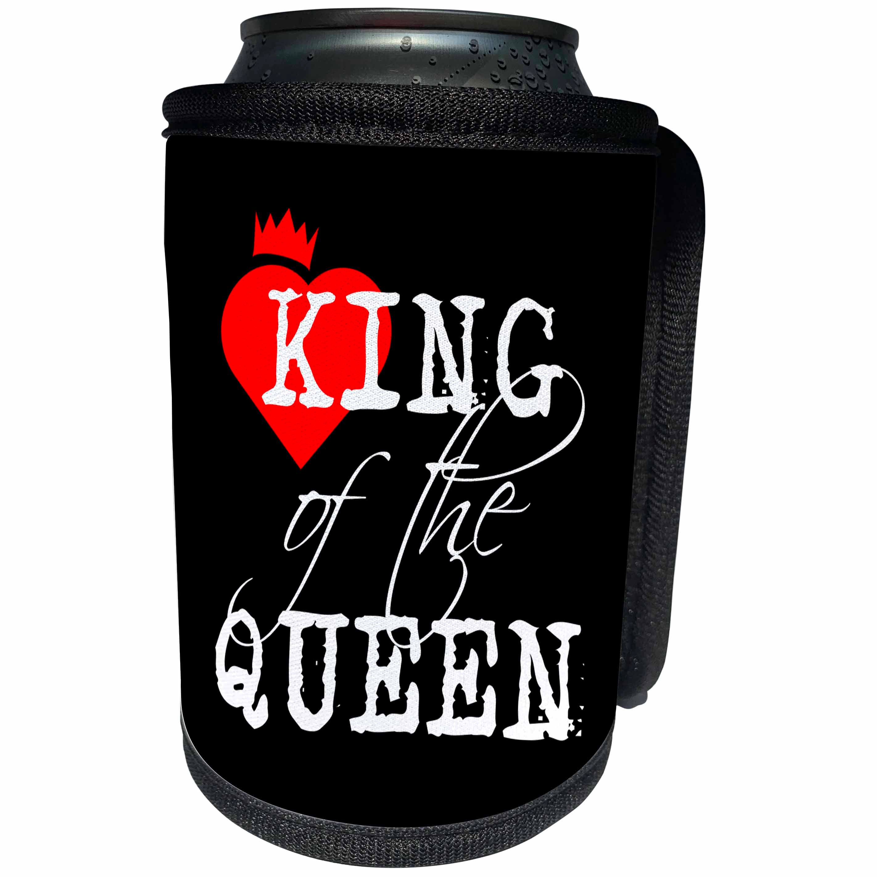 3dRose Alexis Design - Love - King of the queen white text, black background. Red heart and a crown - Can Cooler Bottle Wrap (cc_271311)