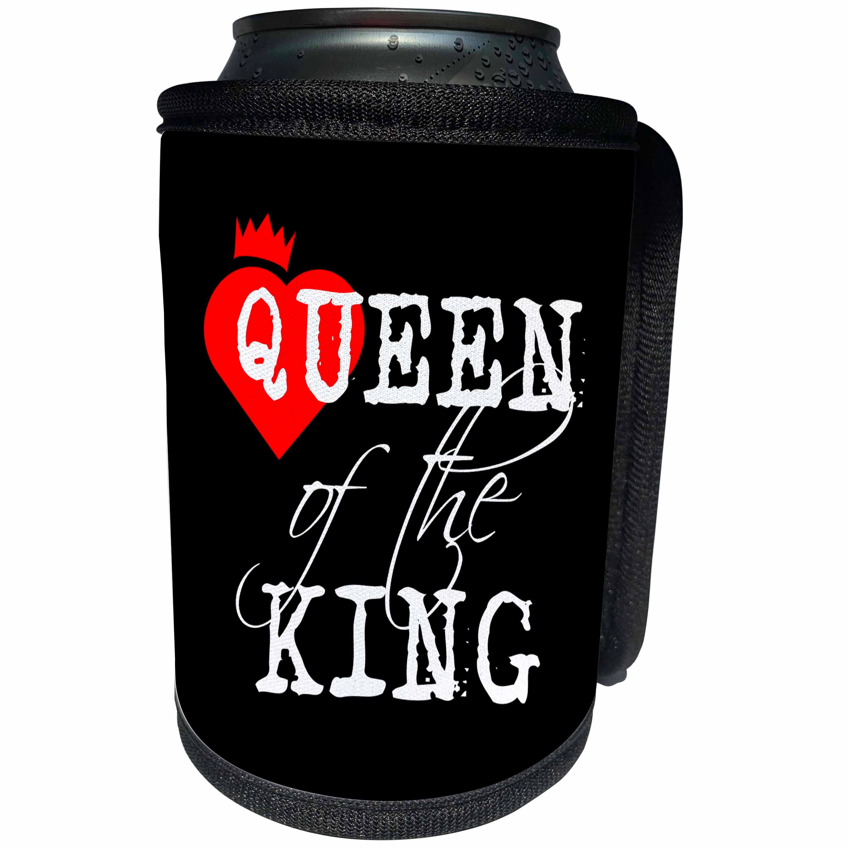 3dRose Alexis Design - Love - Queen of the king white text, black background. Red heart and a crown - Can Cooler Bottle Wrap (cc_271313)