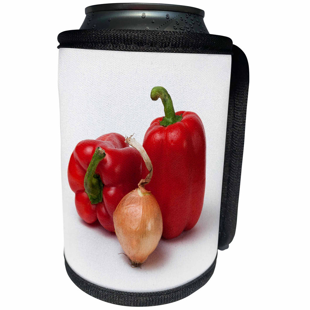 3dRose Alexis Photography - Food Bell Pepper - Two red bell peppers and an onion, white background - Can Cooler Bottle Wrap (cc_271328)
