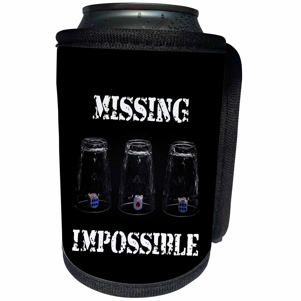 3dRose Alexis Design - Funny - Three glasses with dices. Shell game. Missing Impossible - Can Cooler Bottle Wrap (cc_271352)