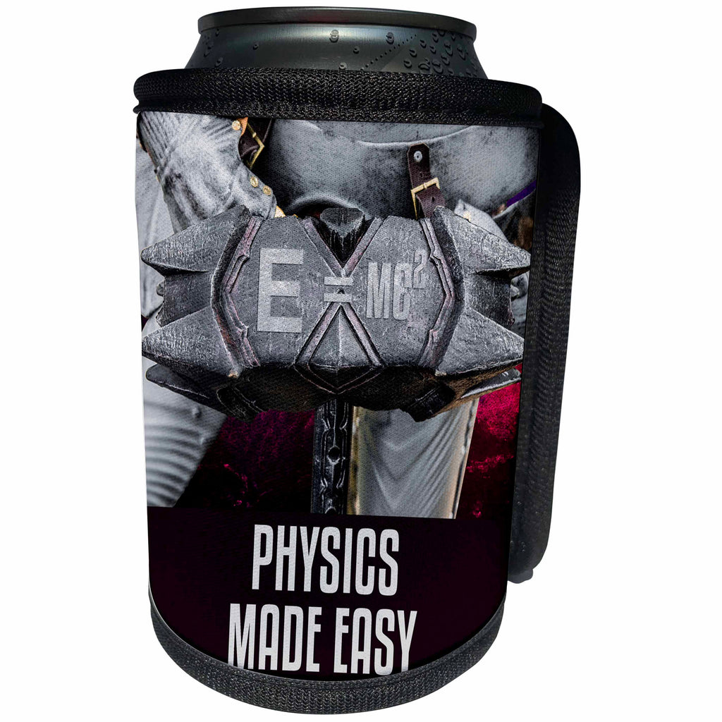 3dRose Alexis Design - Funny Knight - Medieval war hammer and a suit of armour. Physics made easy - Can Cooler Bottle Wrap (cc_271354)