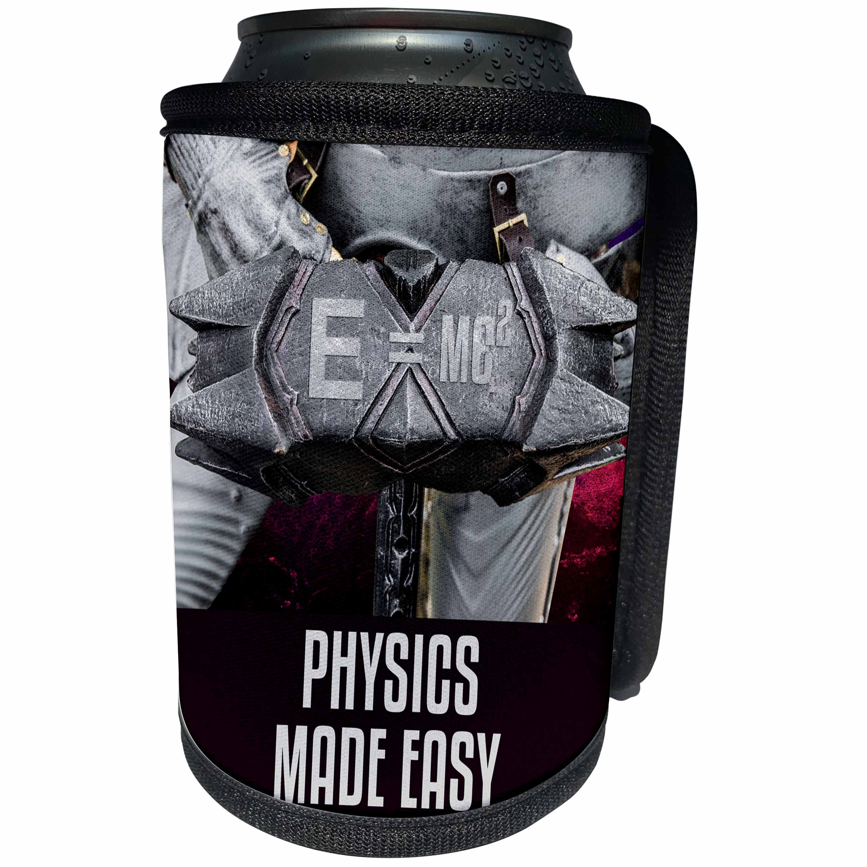 3dRose Alexis Design - Funny Knight - Medieval war hammer and a suit of armour. Physics made easy - Can Cooler Bottle Wrap (cc_271354)
