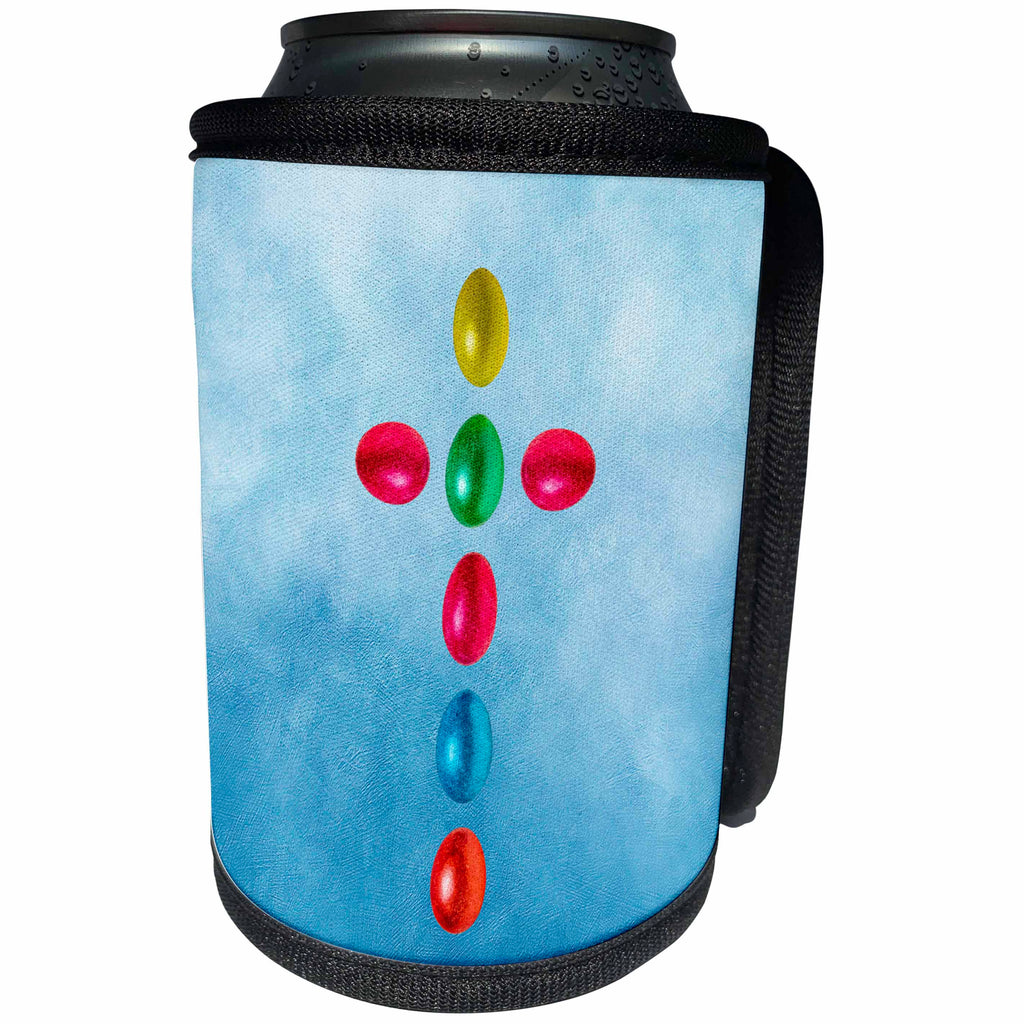 3dRose Alexis Design - Holidays Easter - Easter holidays, cross maid of painted eggs, blue background - Can Cooler Bottle Wrap (cc_271356)