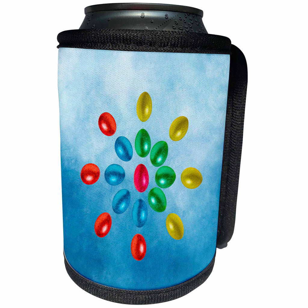 3dRose Alexis Design - Holidays Easter - Easter holidays, sun maid of painted eggs. Blue textured background - Can Cooler Bottle Wrap (cc_271358)