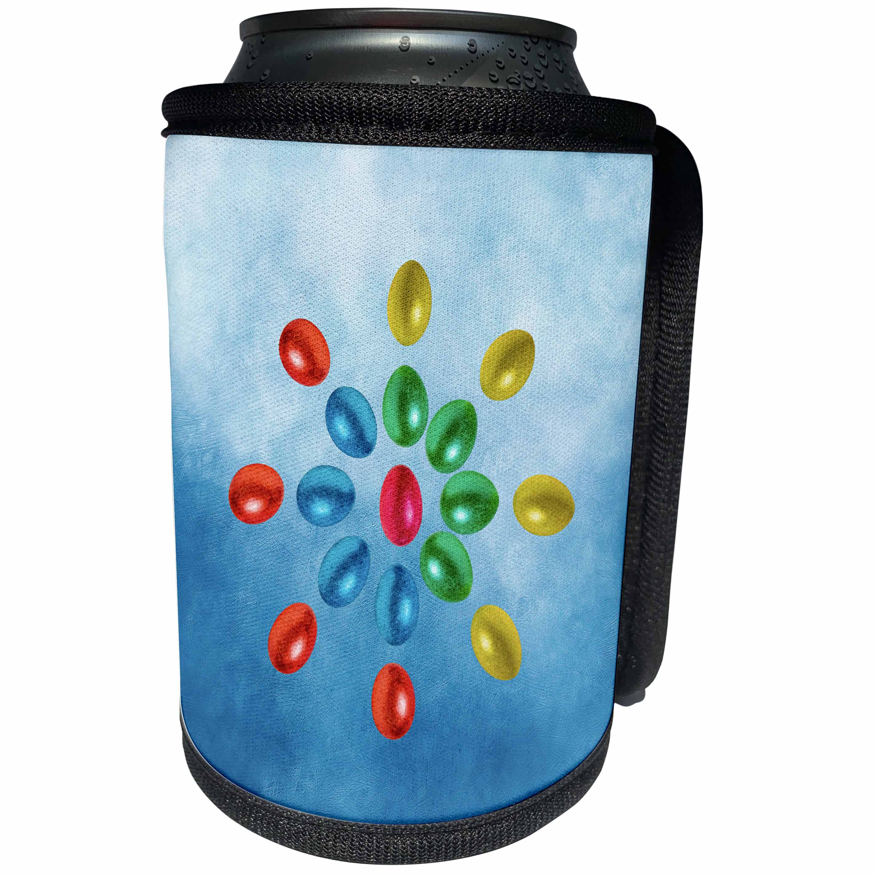 3dRose Alexis Design - Holidays Easter - Easter holidays, sun maid of painted eggs. Blue textured background - Can Cooler Bottle Wrap (cc_271358)