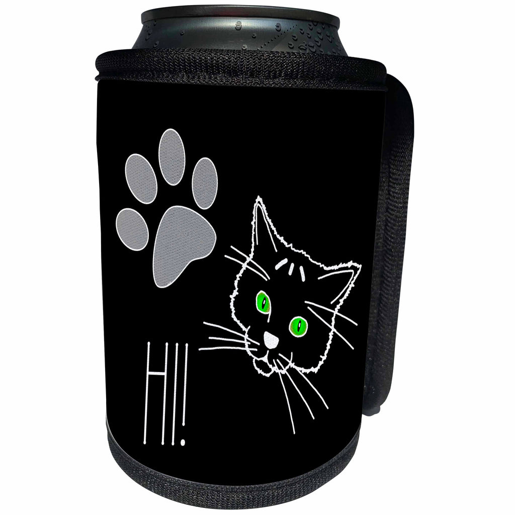3dRose Alexis Design - Funny Cats - Funny Cat Greets you Hi. Black background - Can Cooler Bottle Wrap (cc_271385)