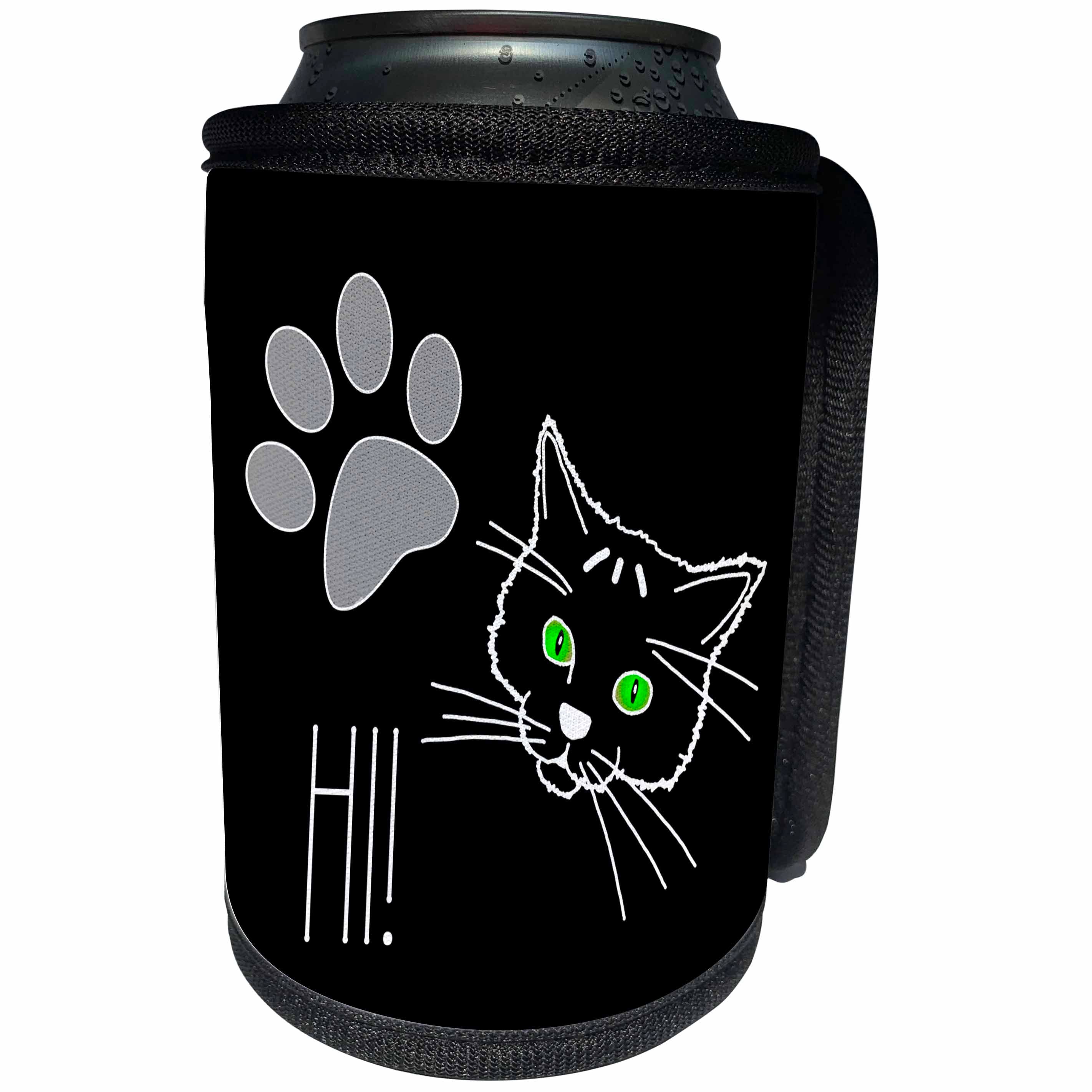 3dRose Alexis Design - Funny Cats - Funny Cat Greets you Hi. Black background - Can Cooler Bottle Wrap (cc_271385)