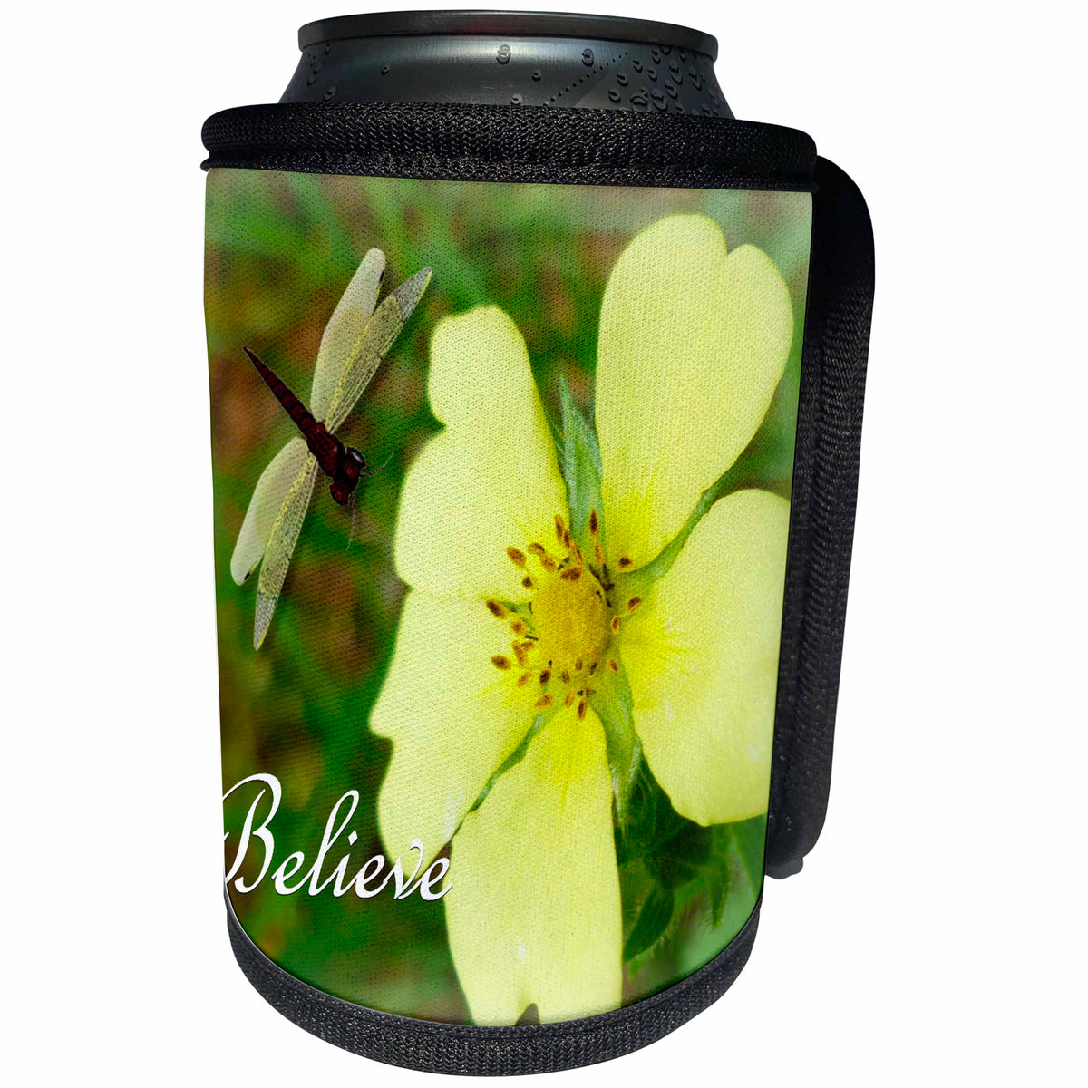 3dRose Renderly Yours Dragonflies - Dragonfly And Yellow Flower Believe - Can Cooler Bottle Wrap (cc_27143)