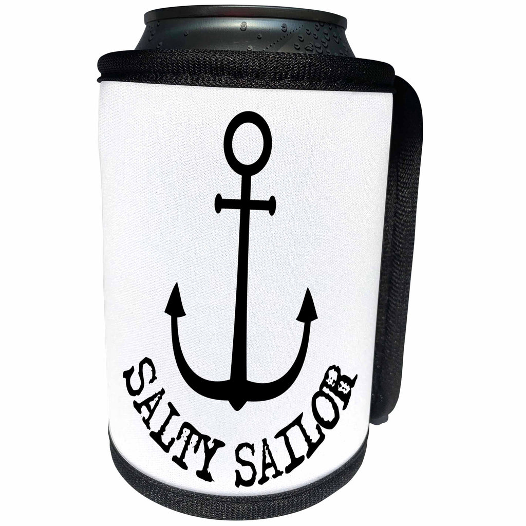 3dRose Alexis Design - Beach, Sea, Surf - Black silhouette of an anchor. Black Salty Sailor text on white - Can Cooler Bottle Wrap (cc_271445)