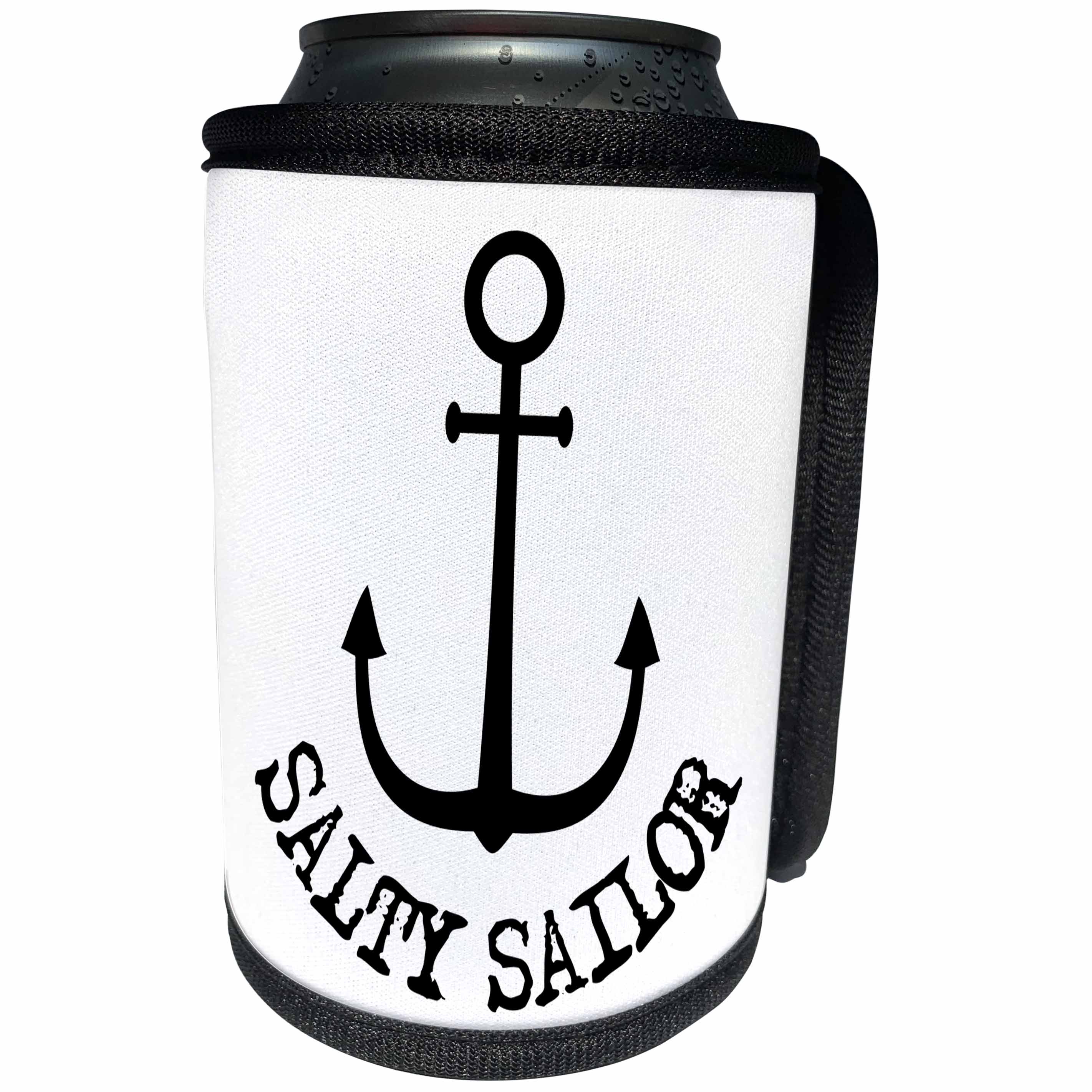 3dRose Alexis Design - Beach, Sea, Surf - Black silhouette of an anchor. Black Salty Sailor text on white - Can Cooler Bottle Wrap (cc_271445)