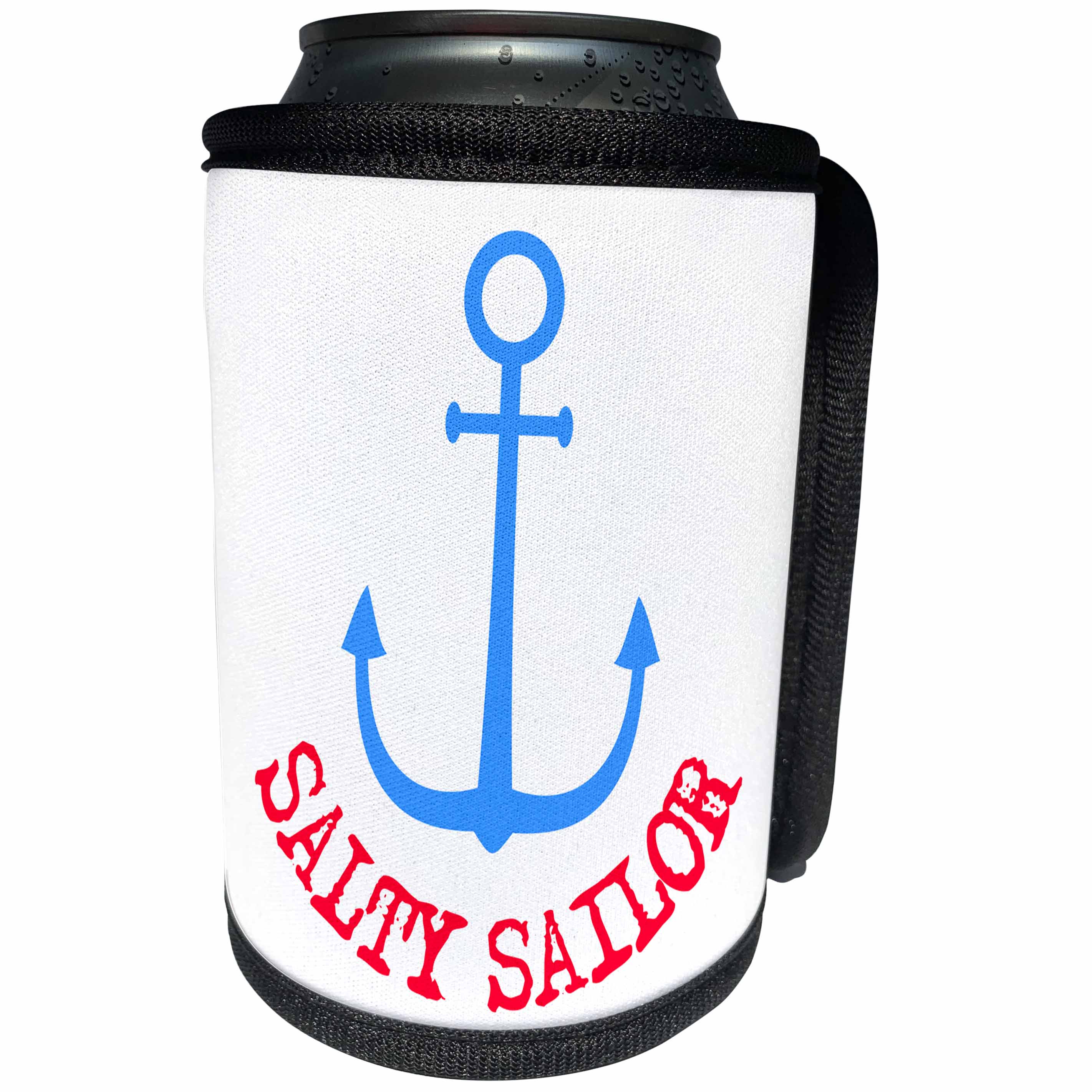 3dRose Alexis Design - Beach, Sea, Surf - Blue silhouette of an anchor. Red Salty Sailor text on white - Can Cooler Bottle Wrap (cc_271447)