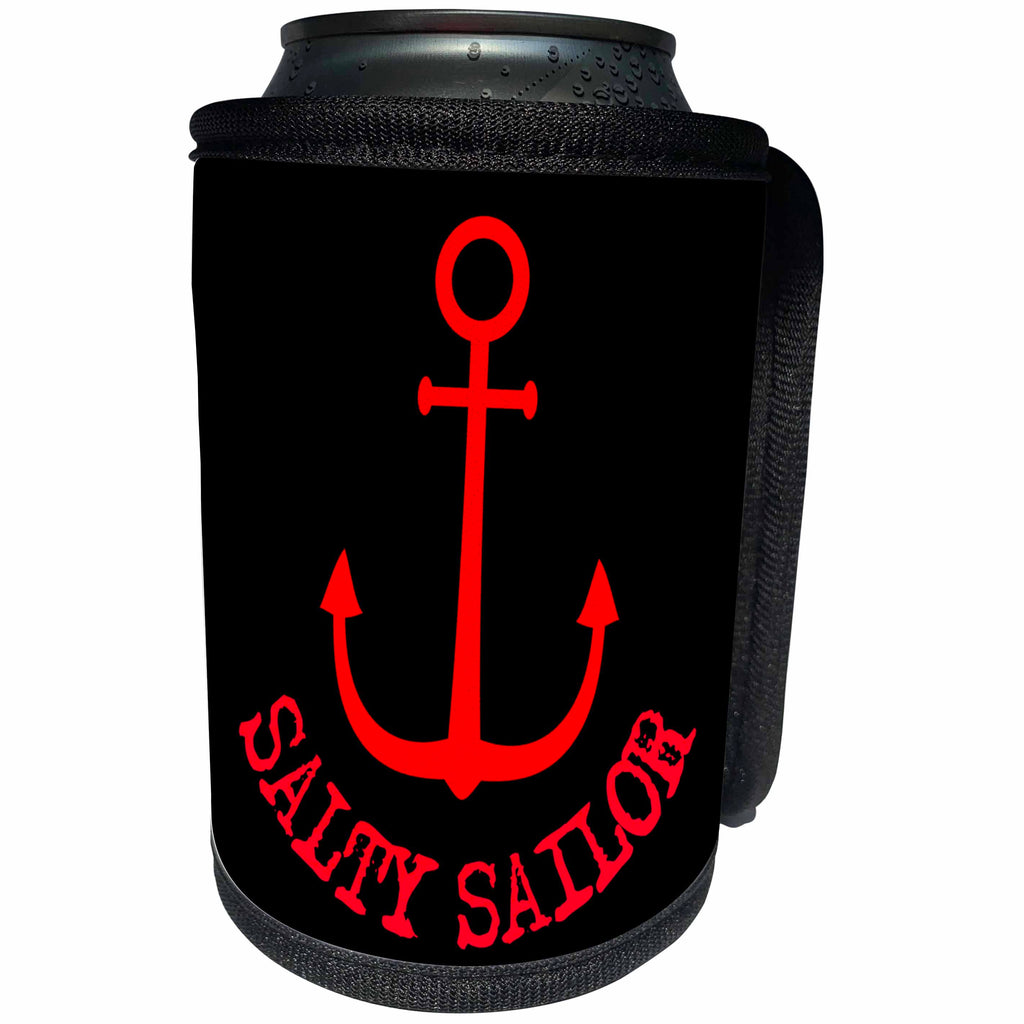 3dRose Alexis Design - Beach, Sea, Surf - Red silhouette of an anchor. Red Salty Sailor text on black - Can Cooler Bottle Wrap (cc_271448)
