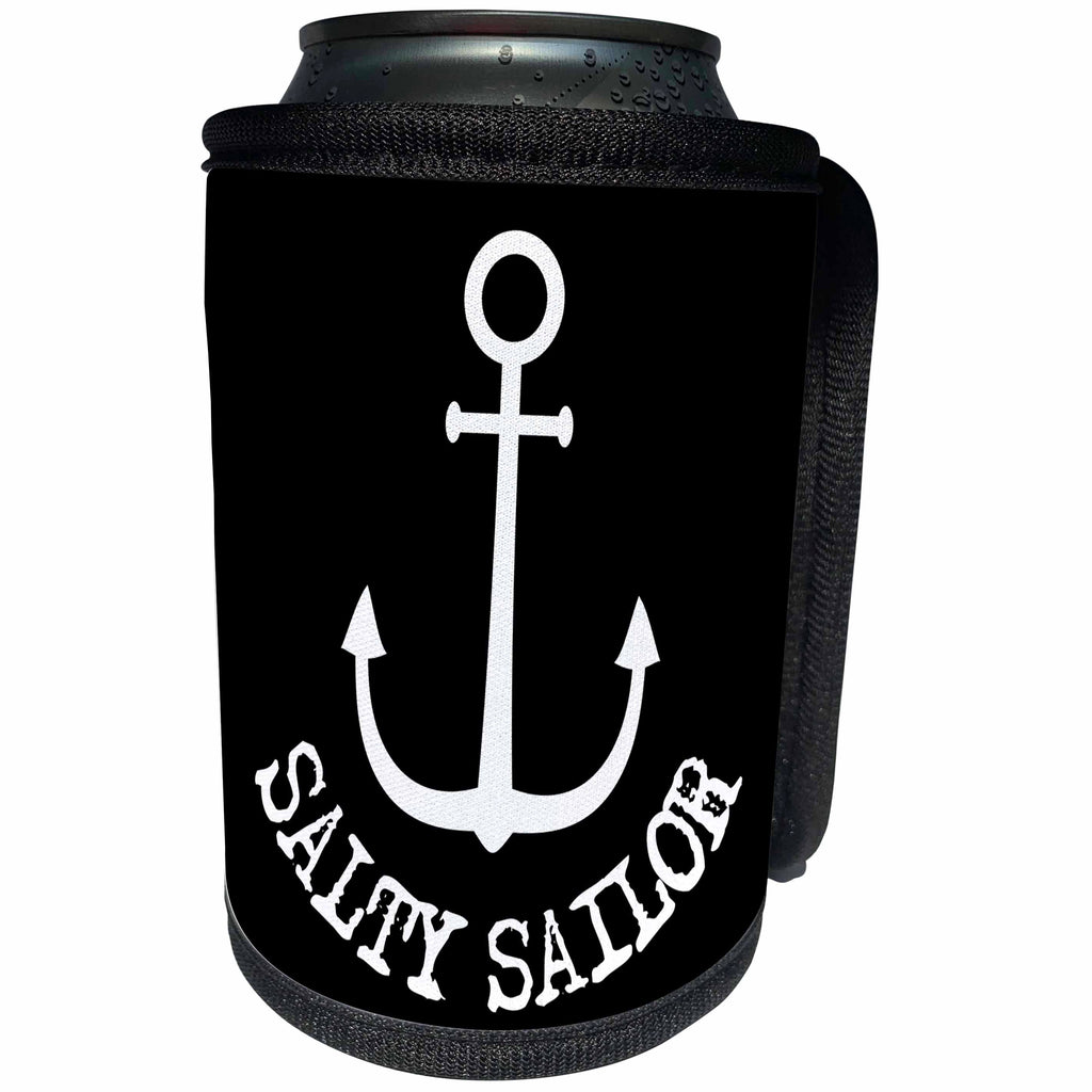 3dRose Alexis Design - Beach, Sea, Surf - White silhouette of an anchor. White Salty Sailor text on black - Can Cooler Bottle Wrap (cc_271450)