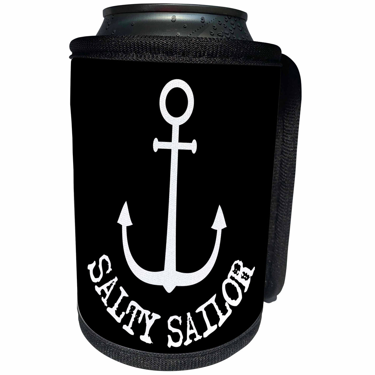 3dRose Alexis Design - Beach, Sea, Surf - White silhouette of an anchor. White Salty Sailor text on black - Can Cooler Bottle Wrap (cc_271450)
