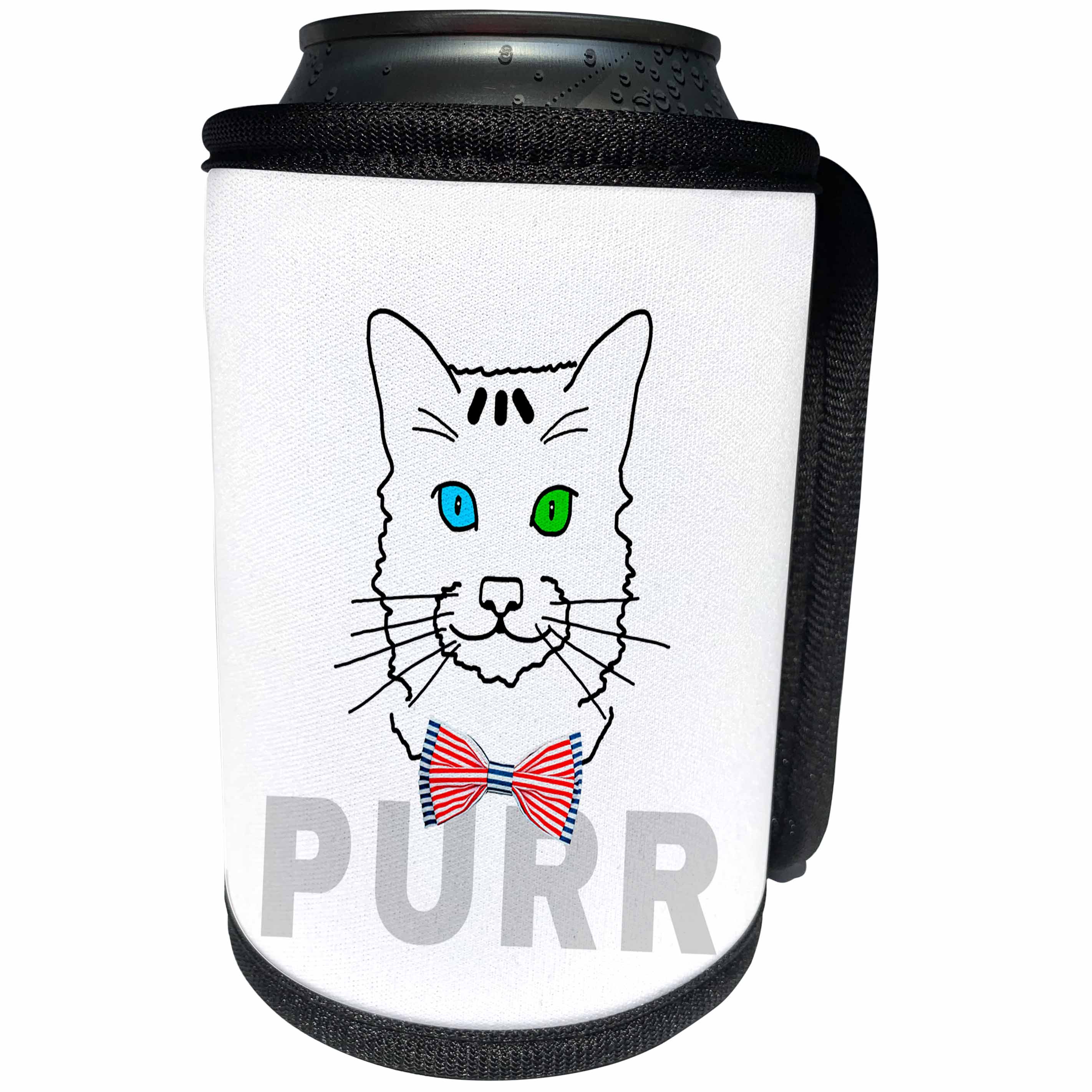 3dRose Alexis Design - Funny Cats - Funny cat face, red, blue, white bow tie, grey text purr - Can Cooler Bottle Wrap (cc_271451)