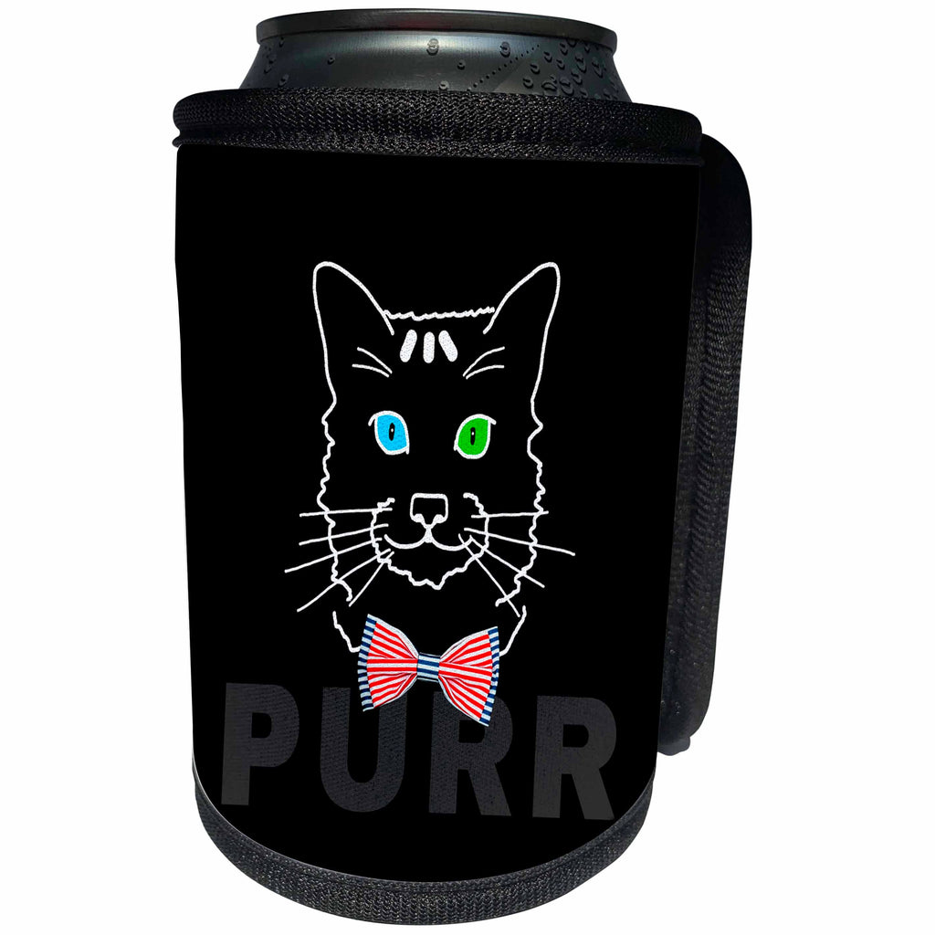 3dRose Alexis Design - Funny Cats - Funny cat face, bow tie, grey text purr, black background - Can Cooler Bottle Wrap (cc_271452)