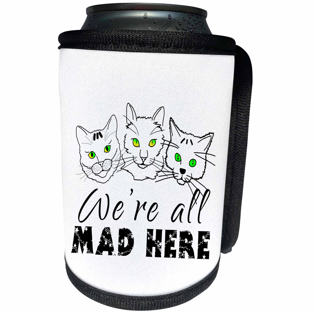 3dRose Alexis Design - Funny Cats - Three funny cat face silhouettes. We are all mad here. On white - Can Cooler Bottle Wrap (cc_271454)