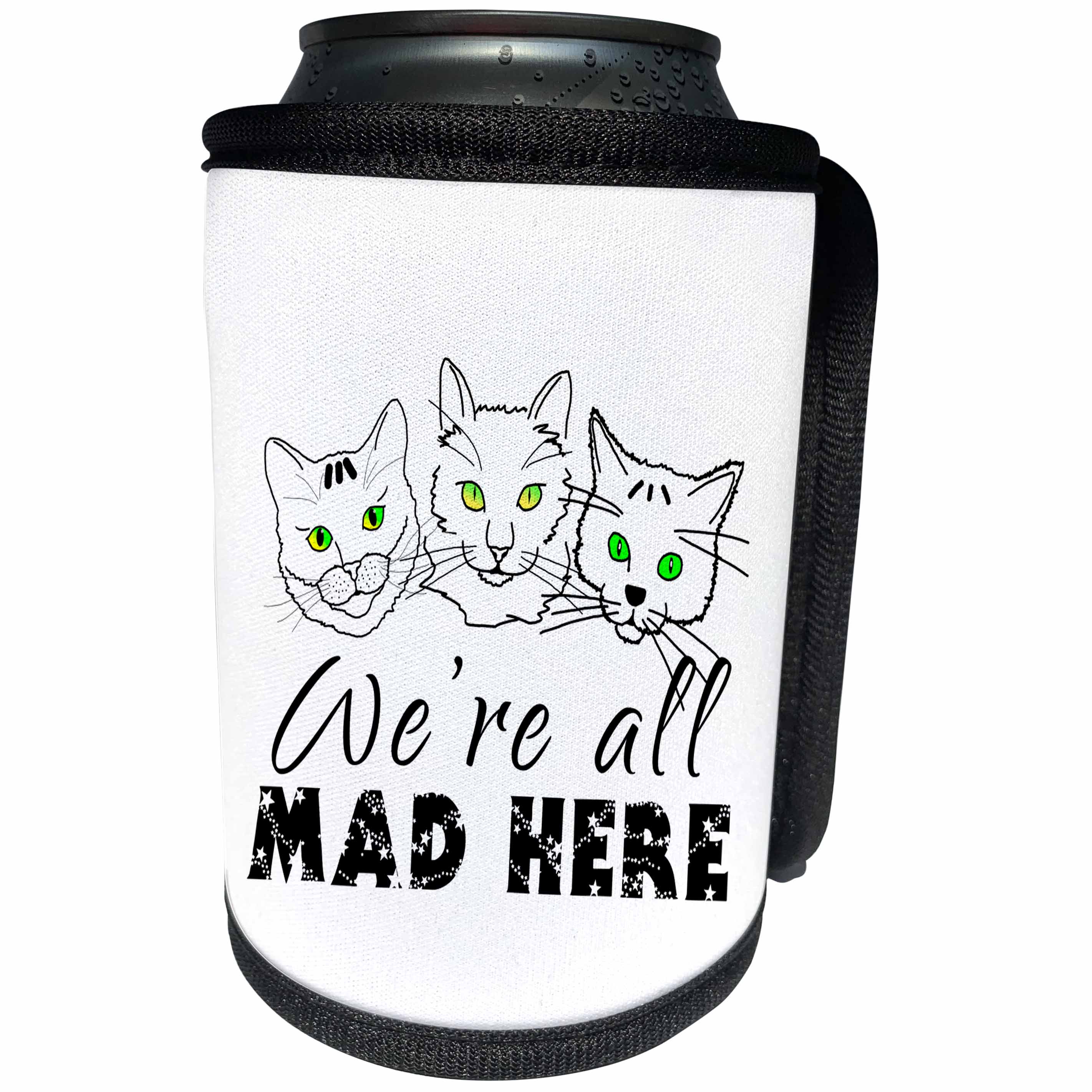 3dRose Alexis Design - Funny Cats - Three funny cat face silhouettes. We are all mad here. On white - Can Cooler Bottle Wrap (cc_271454)