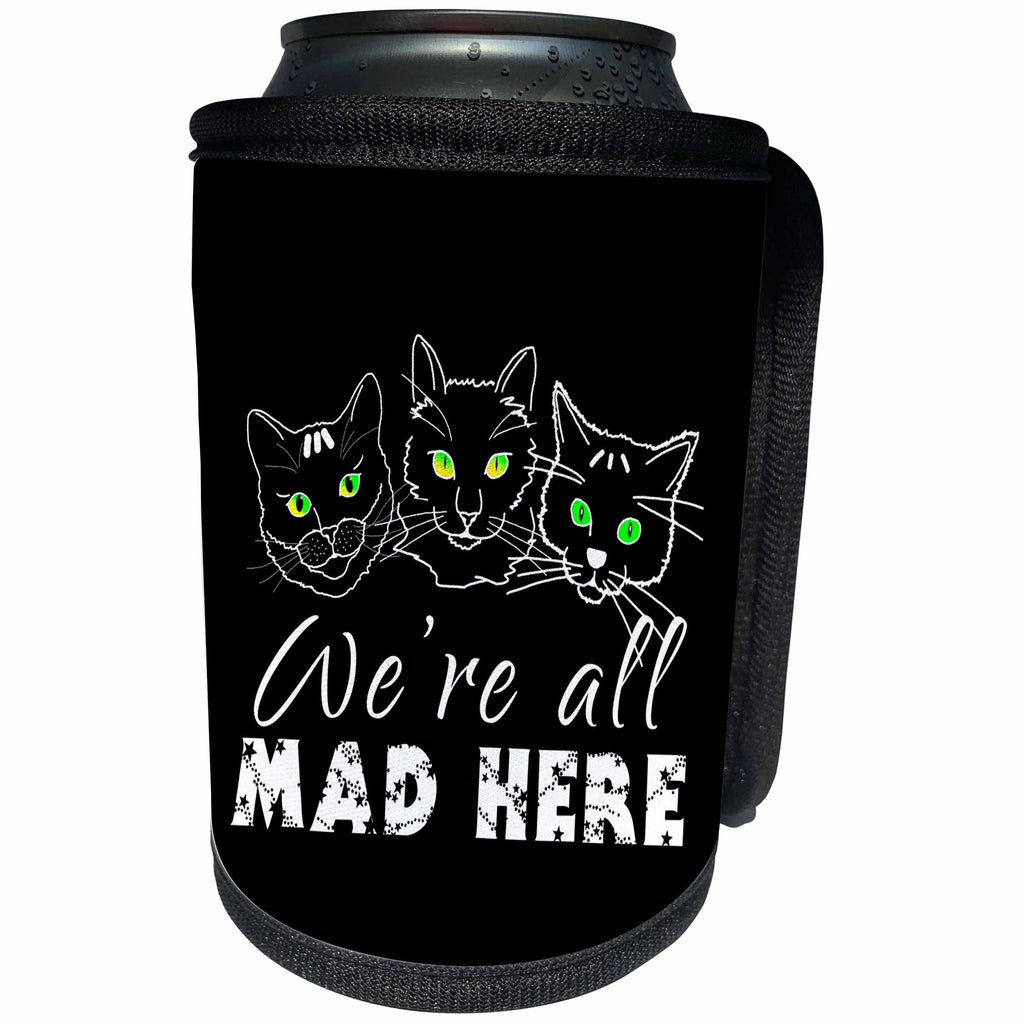 3dRose Alexis Design - Funny Cats - Three adorable cat face silhouettes. We are all mad here. On black - Can Cooler Bottle Wrap (cc_271455)