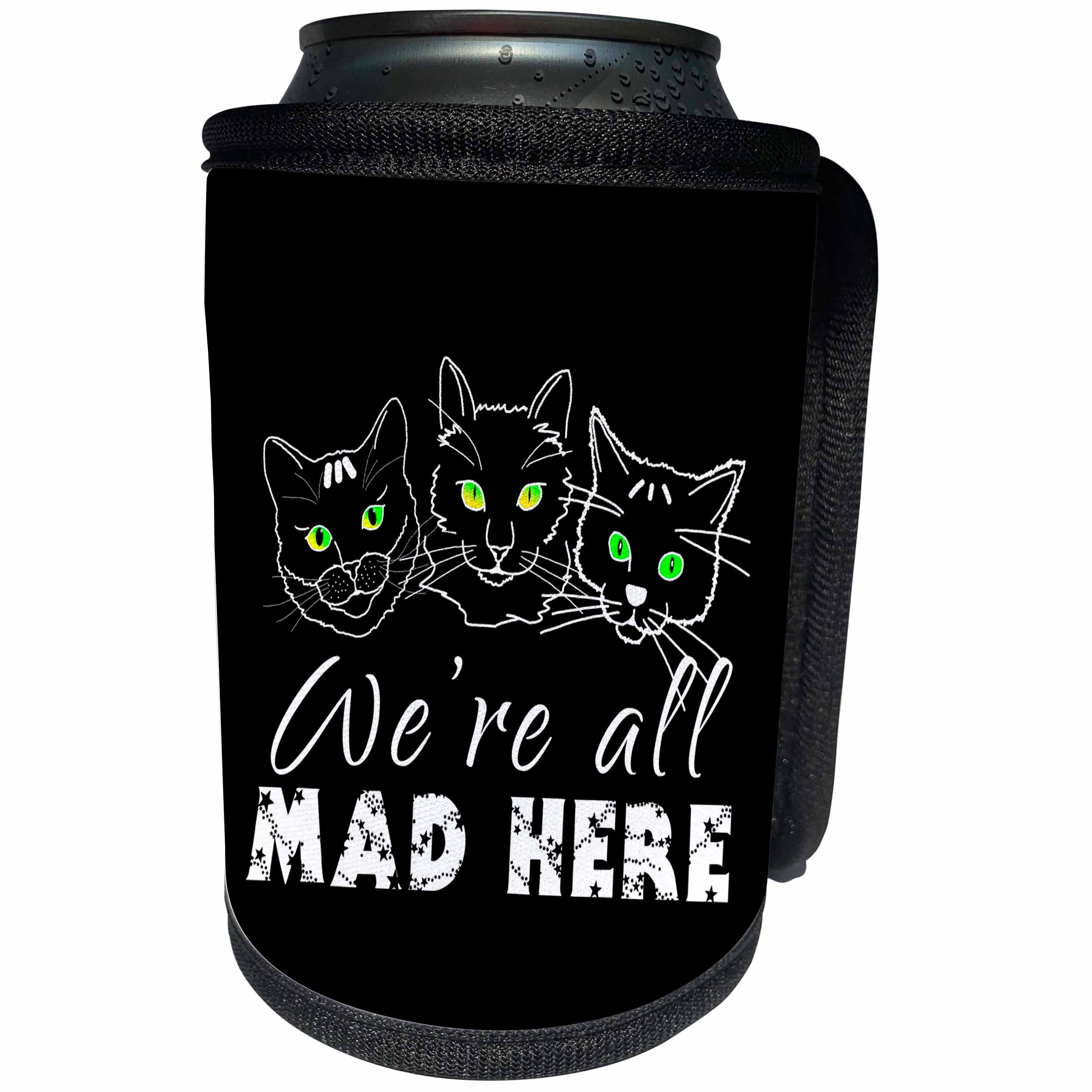3dRose Alexis Design - Funny Cats - Three adorable cat face silhouettes. We are all mad here. On black - Can Cooler Bottle Wrap (cc_271455)