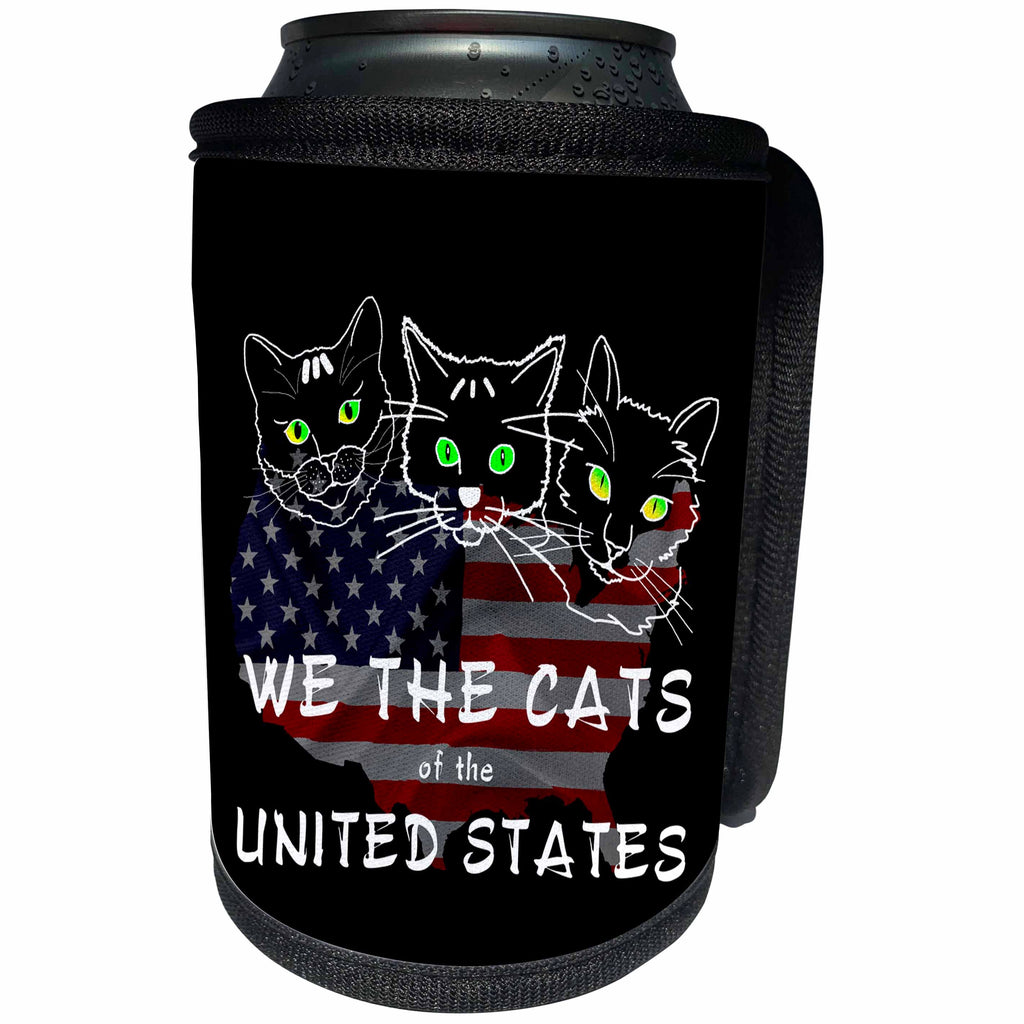 3dRose Alexis Design - Funny Cats - Three funny cat faces. American flag. We the cats of the USA on black - Can Cooler Bottle Wrap (cc_271457)