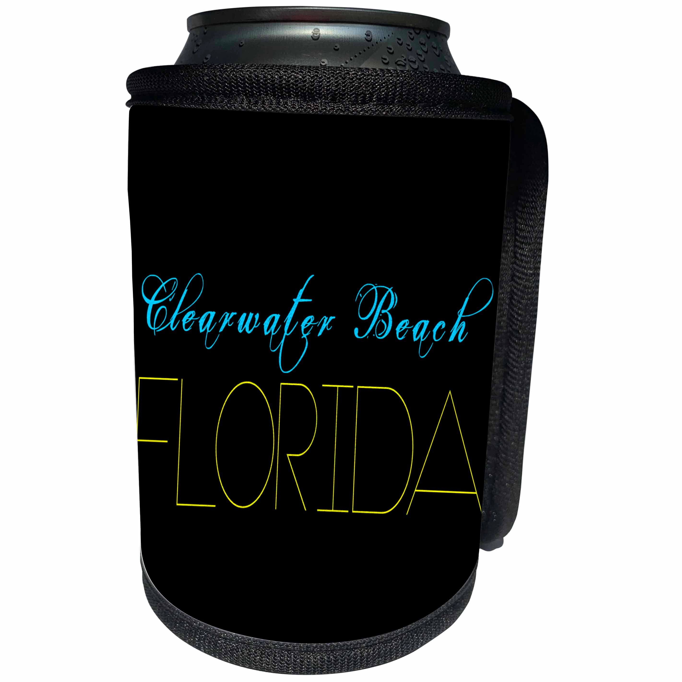 3dRose Alexis Design - American Beaches - American Beaches - Clearwater Beach, Florida, blue, yellow on black - Can Cooler Bottle Wrap (cc_271486)