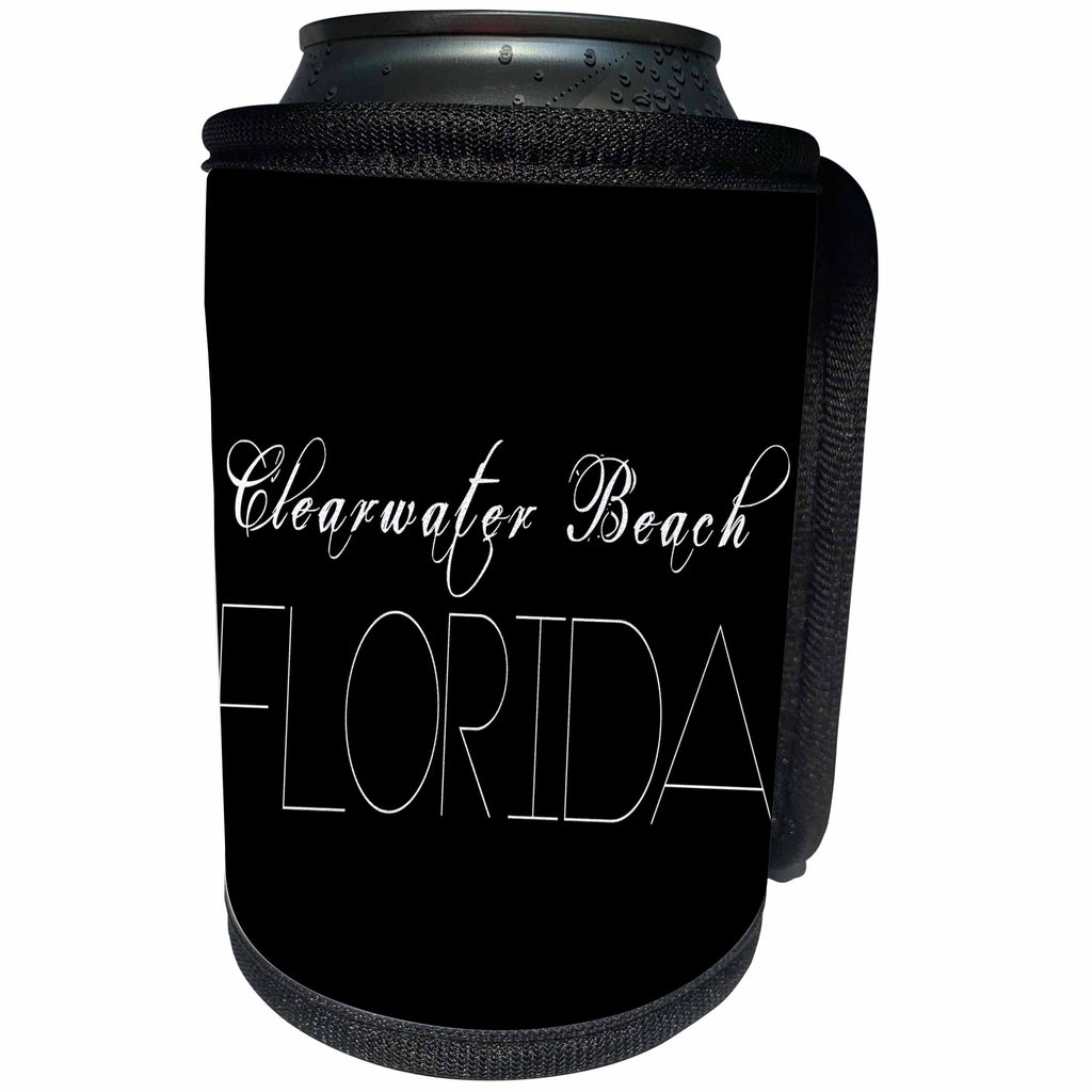 3dRose Alexis Design - American Beaches - American Beaches - Clearwater Beach, Florida, white on black - Can Cooler Bottle Wrap (cc_271487)