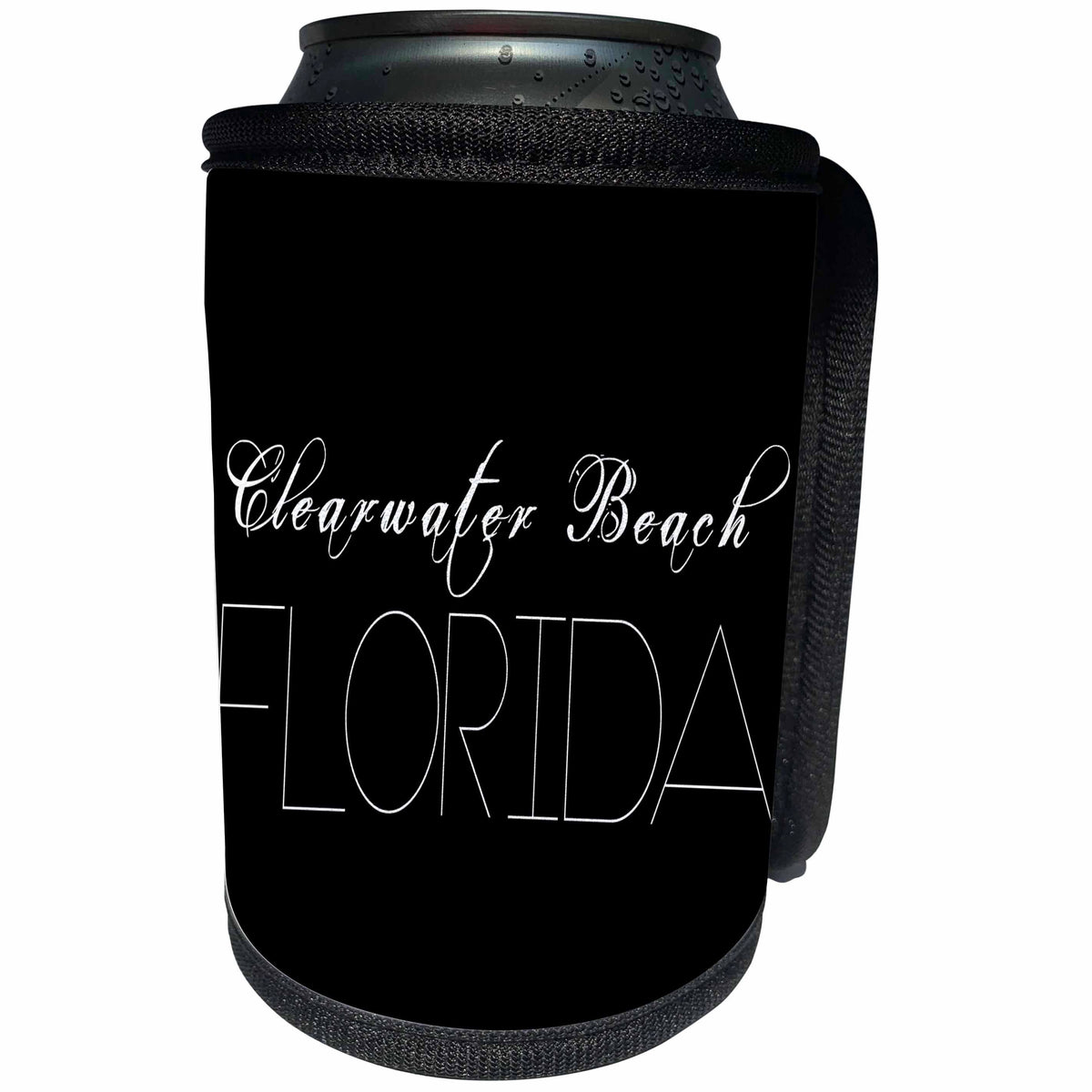 3dRose Alexis Design - American Beaches - American Beaches - Clearwater Beach, Florida, white on black - Can Cooler Bottle Wrap (cc_271487)