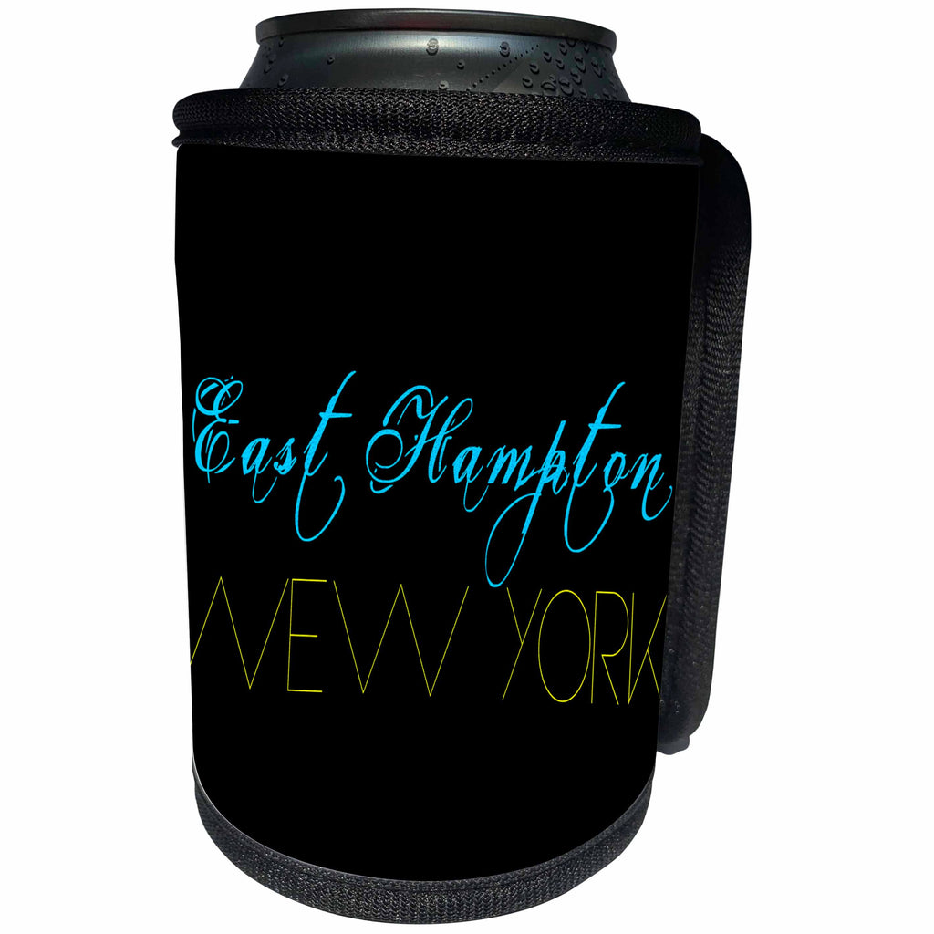 3dRose Alexis Design - American Beaches - American Beaches - East Hampton, New York, blue, yellow on black - Can Cooler Bottle Wrap (cc_271494)