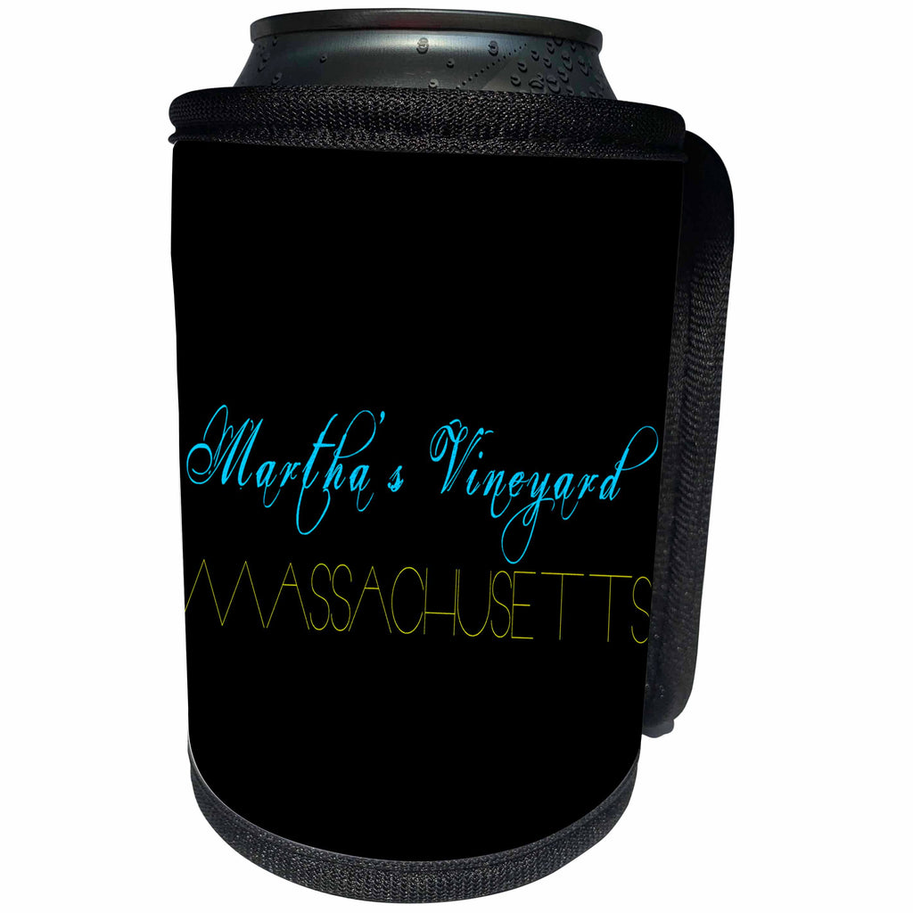 3dRose Alexis Design - American Beaches - American Beaches - Martha Vineyard, Massachusetts blue, yellow, black - Can Cooler Bottle Wrap (cc_271498)