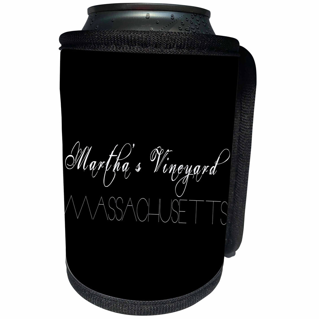 3dRose Alexis Design - American Beaches - American Beaches - Martha Vineyard, Massachusetts white on black - Can Cooler Bottle Wrap (cc_271499)