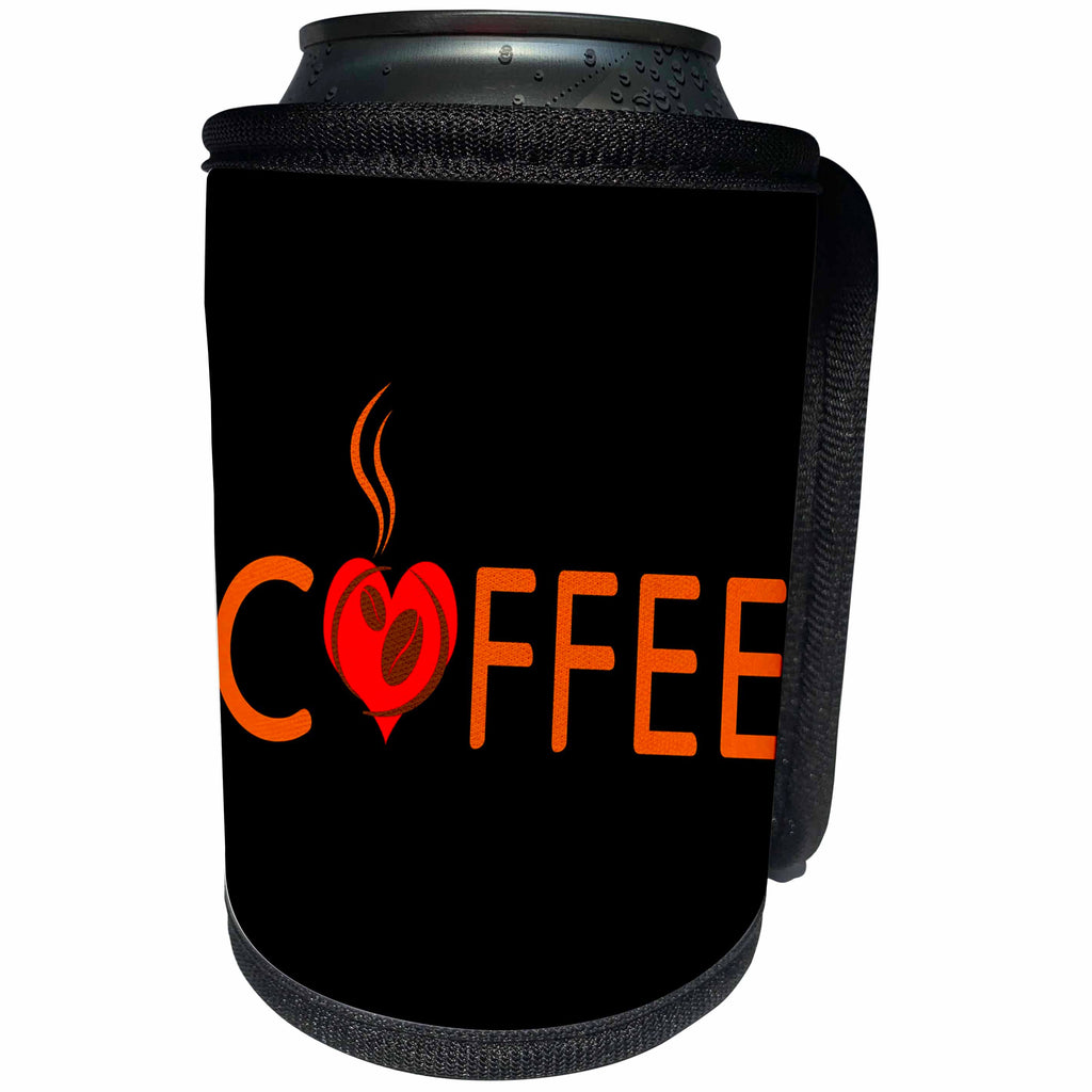 3dRose Alexis Design - Coffee - Brown text COFFEE, red heart, beans, steam on black - Can Cooler Bottle Wrap (cc_271542)