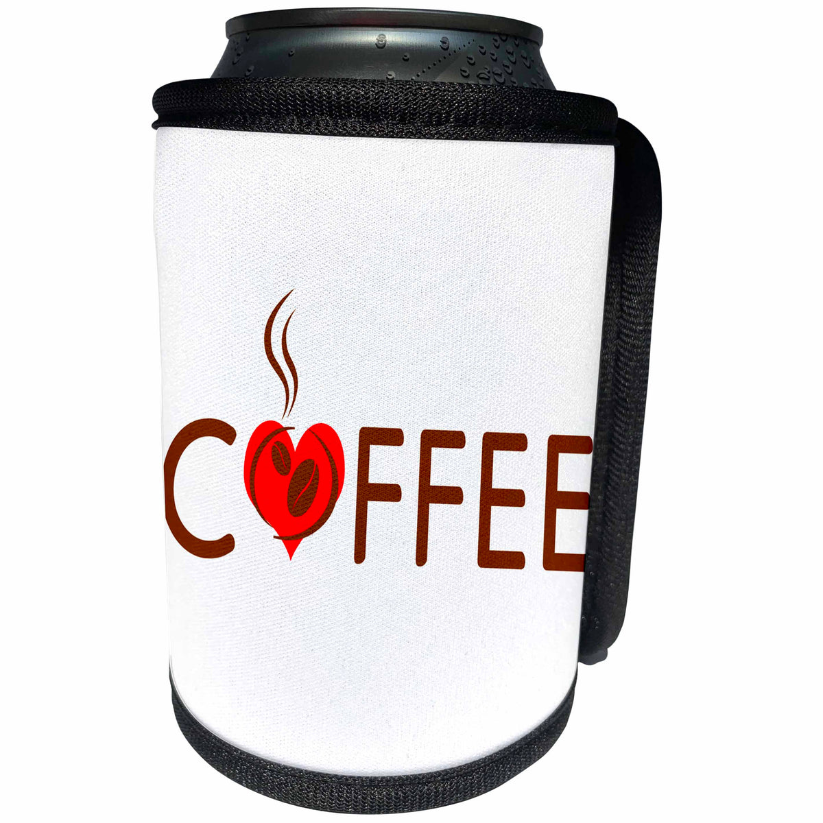 3dRose Alexis Design - Coffee - Brown text COFFEE, red heart, beans, steam, white background - Can Cooler Bottle Wrap (cc_271543)