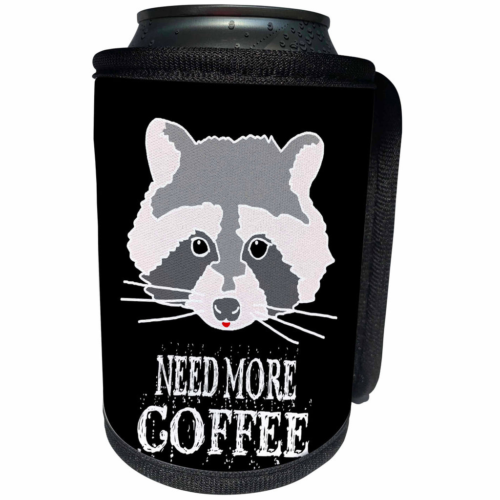 3dRose Can Cooler Bottle Wrap - Alexis Design - Funny Raccoon Face Need More Coffee on Black Background