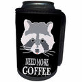 3dRose Can Cooler Bottle Wrap - Alexis Design - Funny Raccoon Face Need More Coffee on Black Background