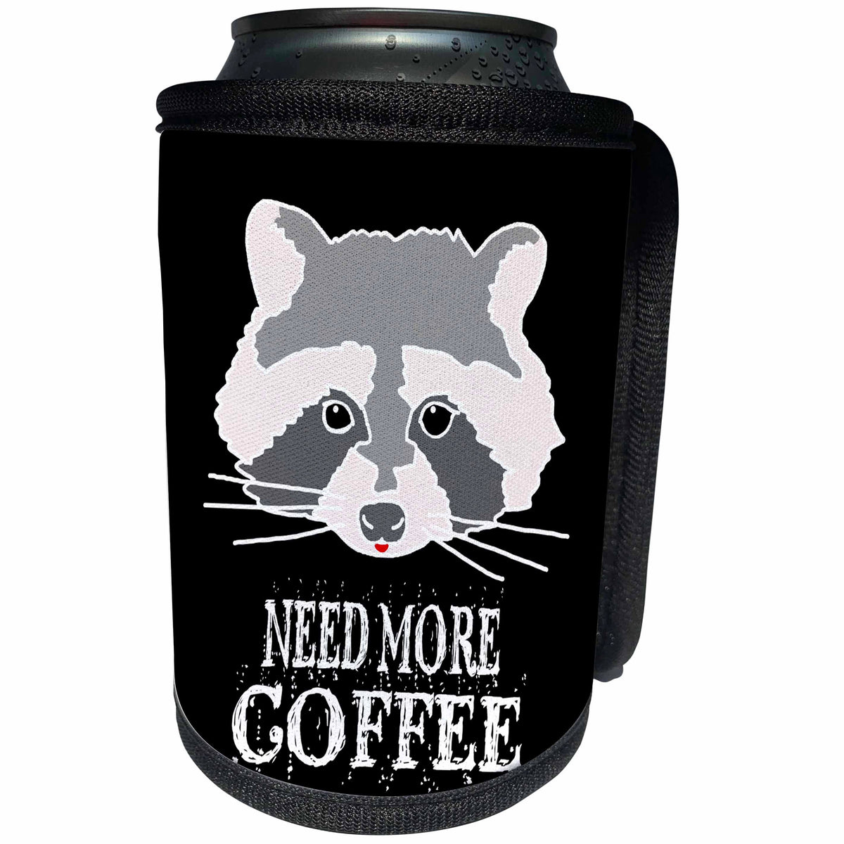 3dRose Can Cooler Bottle Wrap - Alexis Design - Funny Raccoon Face Need More Coffee on Black Background
