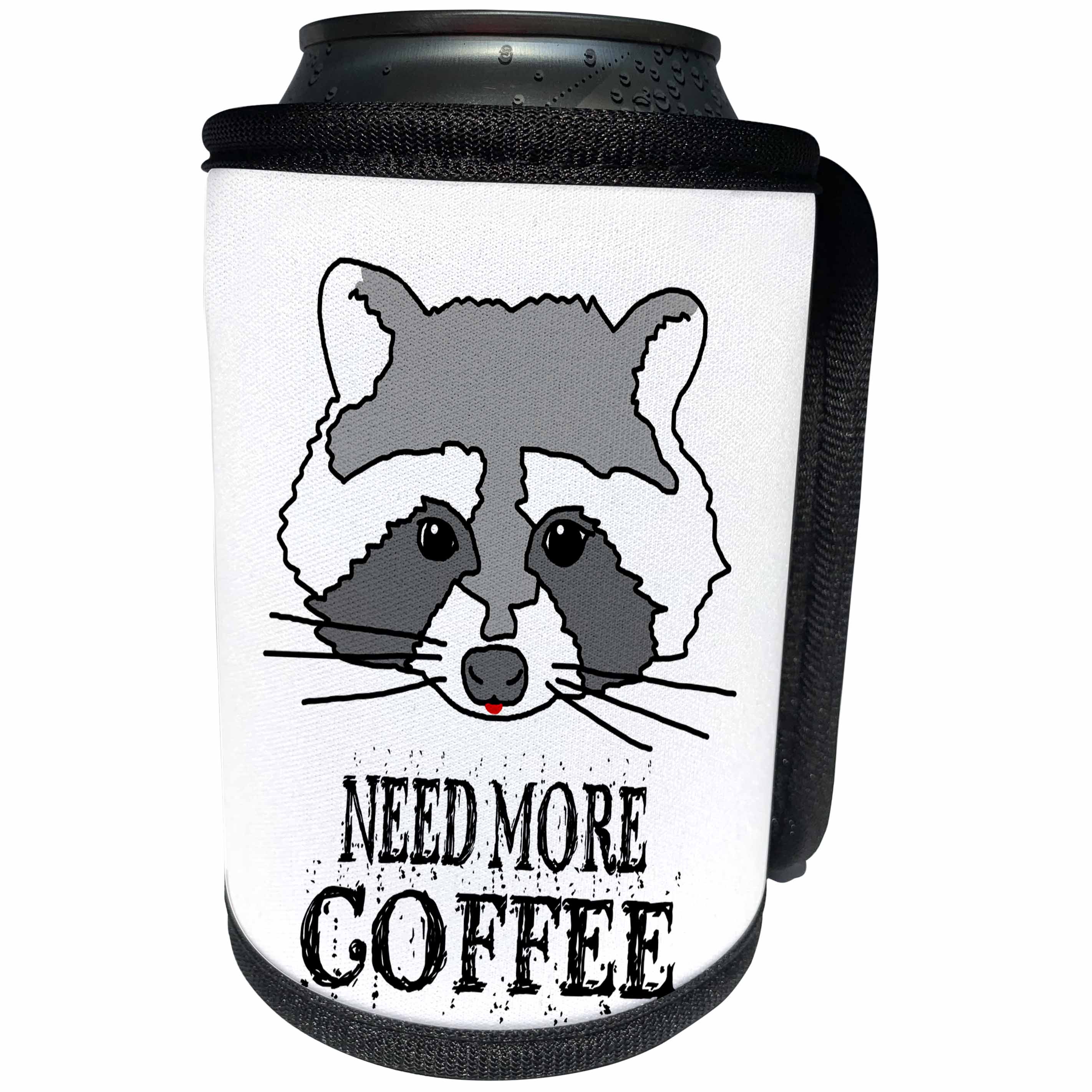 3dRose Alexis Design - Funny Raccoon - Funny raccoon face. Need more coffee on white background - Can Cooler Bottle Wrap (cc_271559)