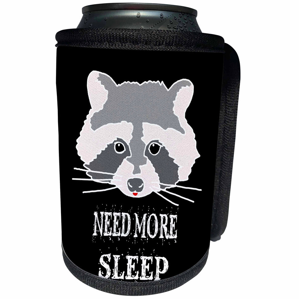 3dRose Alexis Design - Funny Raccoon - Funny raccoon face. Need more sleep on black background - Can Cooler Bottle Wrap (cc_271562)