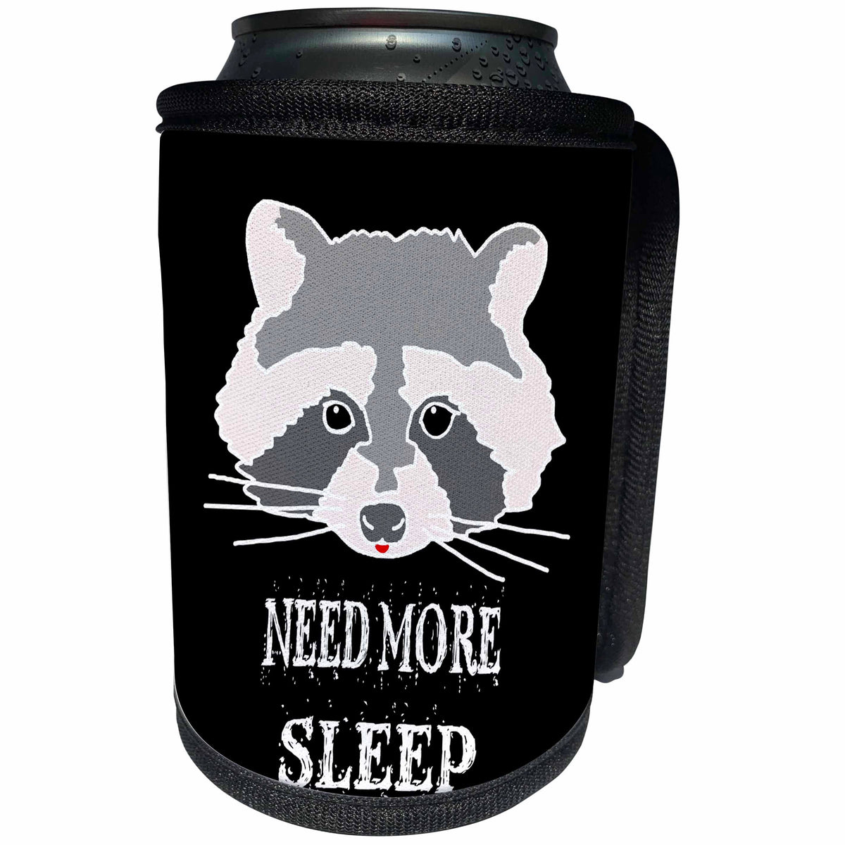 3dRose Alexis Design - Funny Raccoon - Funny raccoon face. Need more sleep on black background - Can Cooler Bottle Wrap (cc_271562)